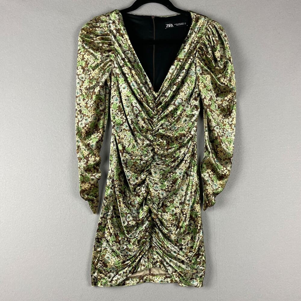 Zara Floral Ruched Velvet Mini Dress Womens XS Green Puff Sleeve V-Neck Cocktail